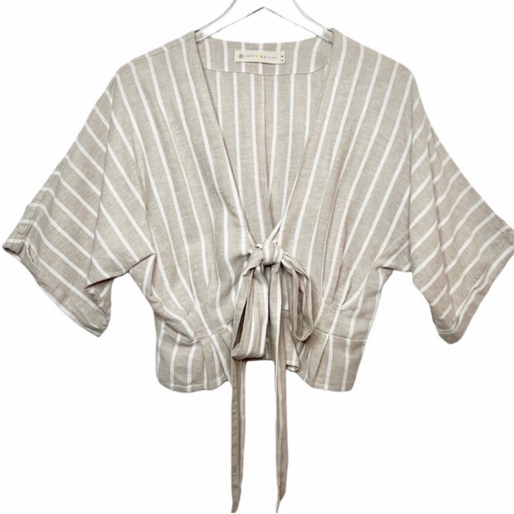 Happy x Nature Beige Tan Striped Linen Blouse Women’s Top Size Medium